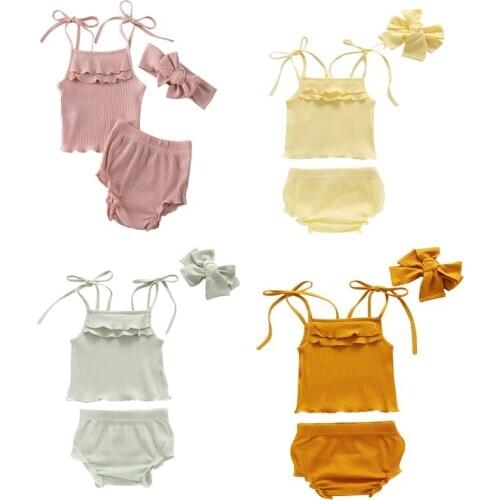 Newborn Infant Baby Girls Summer Clothing Cotton Knitted Ruffled Vest Top Shorts Headband 3Pcs Ribbed Outfit Set 0-18M