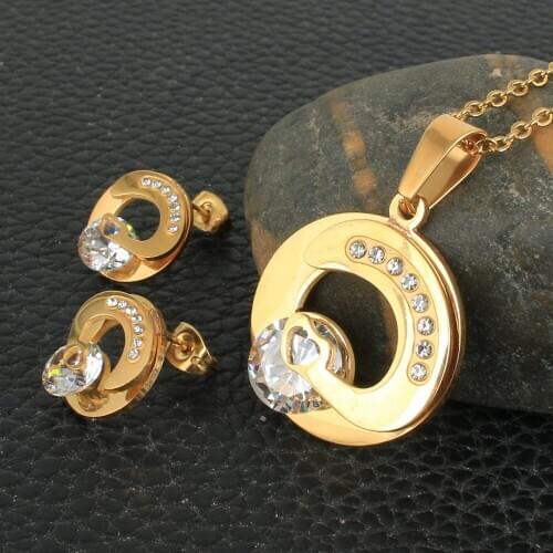 Round Fashion Stainless Steel Jewelry Sets For Women Gold Color Pendants And Earrings SEWZAKCA