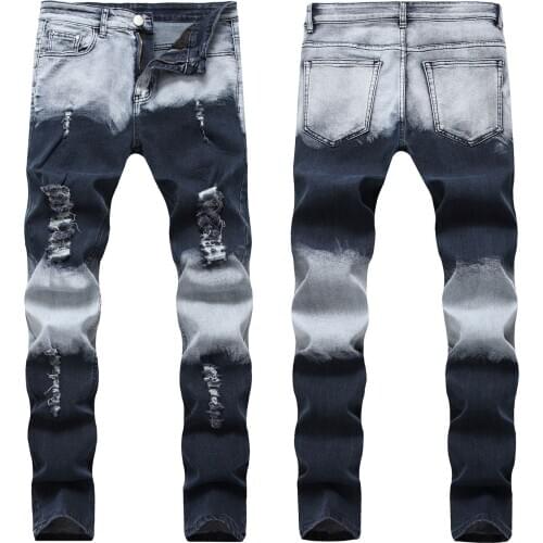 New Arrival Mens Stretch Patchwork Color Ripped Jeans Men Zipper Distressed Hole Straight Slim Fit Jeans Denim Pants Male