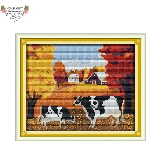 Joy Sunday F778 14CT 11CT Counted and Stamped Home Decor The Autumn Cows Needlework Needlepoint Embroidery Cross Stitch kits