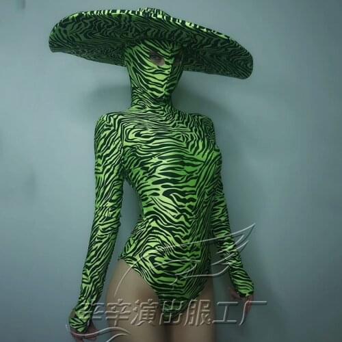 Nightclub Bar DJ Female Singer Catwalk Fluorescent High Elastic Bodysuit Big Hat Suit Stage Performance Party Cosplay DWY2898