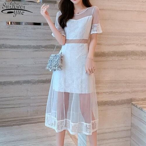 Summer New Korean Dress Women Mesh Stitching Short-sleeved Party Dress High Waist Lace Dress Sexy OL Long Dress Robe Femme 14569