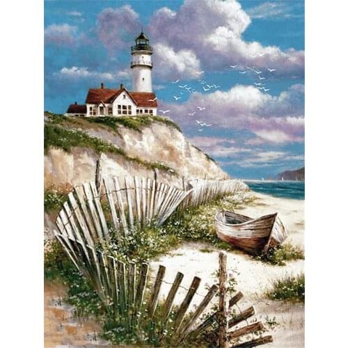 Landscape Lighthouse DIY Cross Stitch 11CT Embroidery Kits Needlework Craft Set Cotton Thread Printed Canvas Home Design