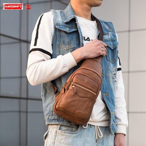 New Genuine leather Men Chest Bag male shoulder diagonal waist pack head layer cowhide all-match out bags