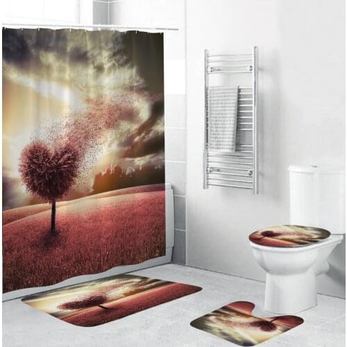 New Love Tree Polyester Shower Curtain Dusk Flying Leaves Bathroom Curtain Sets Pedestal Rug Lid Toilet Cover Bath Mat Set