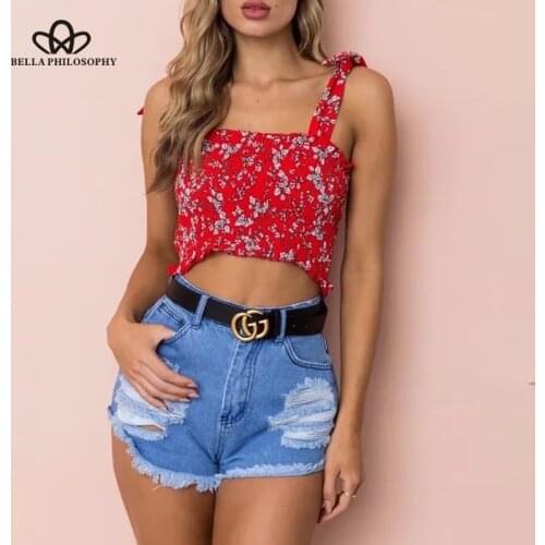 Bella Philosophy Spring Women Sexy Sleeveless Blouse Print Bow Sweet Short Female Tops Slash Neck Fashion Blouse For Women