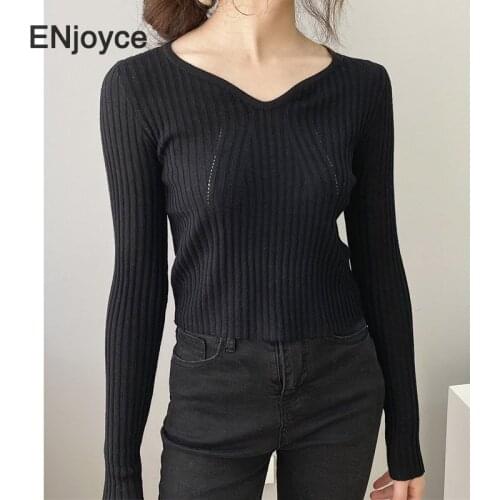 Women Vintage Black V-neck Pullovers Thin Sweater 2021 Spring New Casual Korean Style Elegant Knitted T-Shirt Cropped Tops