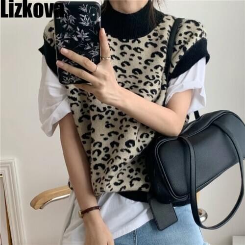 Lizkova Spring Sweater Vest Women Leopard Knitted Pullover 2021 Half Turtlrneck Korean Tops Chaleco Punto Mujer 1240