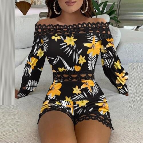 Women Casual Patchwork Jumpsuit Elegant Lace High Waist Print Jumpsuit Sexy Slant Collar Long Sleeve Hollow Out Slim Streetwear