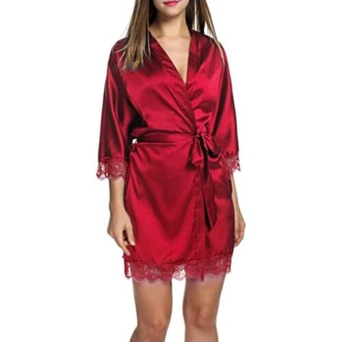 Ladies Contrast Lace Satin Robe 2018 New Fashion Sexy Women Clothes Spring Blue Half Sleeve Plain Night Robe