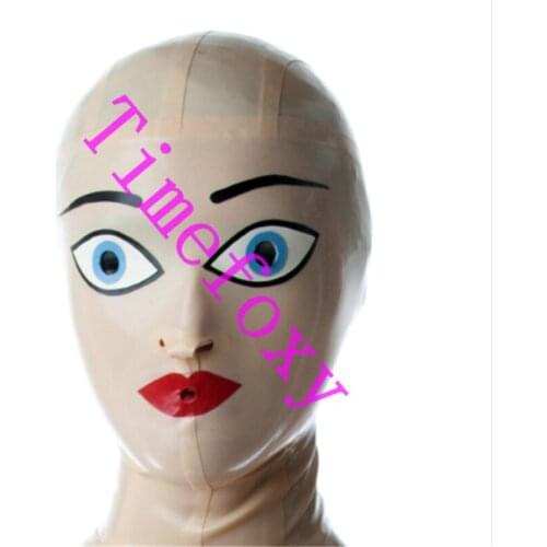 100% Latex hood Mask blue eyes Rubber Hood Red Mask Cosplay Black Mask with Zip on Back for Party