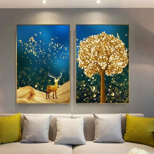 5D Diamond Painting Nordic Geometry Deer Abstract Gold Flowers Tree Wall Decor Diamond Mosaic Cross Stitch Kit For Home Decor