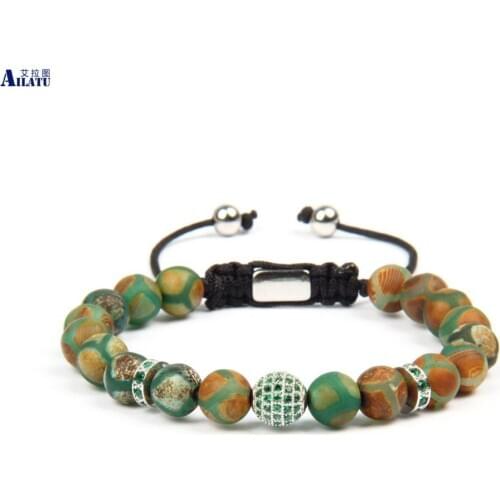 Ailatu New Micro Pave Green Cz Ball Macrame Bracelet with 8mm Natural Football design Stone Beads Top Quality