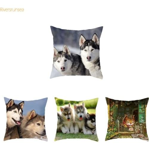 Cushion Cover Plush Husky Pillow Colorful British Cushion Cover Husky Decorative Pillows Cute Dog Printed Almofada Animal Sofa
