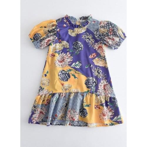Girls' Wind and Flowers Print Hit Color Small Round Neck Princess Dress Kids Dresses for Girls Toddler Girl Summer Clothes 2021