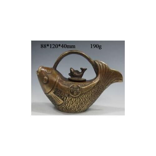 Chinese brass Handwork Fish Shape Teapot & Lid w Kangxi Mark Garden Decoration 100% real Brass brass