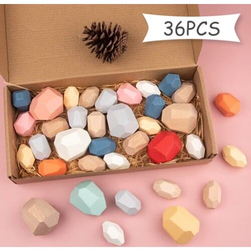 36Pcs Wooden Color Stone Jenga Building Block Creative Wooden Toys Nordic Style Stacking Stones Montessori Toy For 3 years old