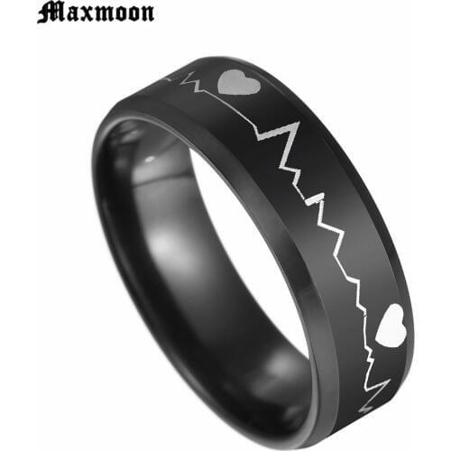Maxmoon 8MM Black Stainless Steel Heartbeats Cardiogram Wedding Engagement Ring Band Cocktail Statement Promise Lover Couple