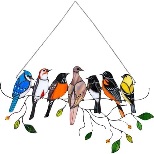 Multicolor Stained Birds on Wire Acrylic Suncatcher Window Panel Hanging Pendant Ornaments for Wall Home Decorations