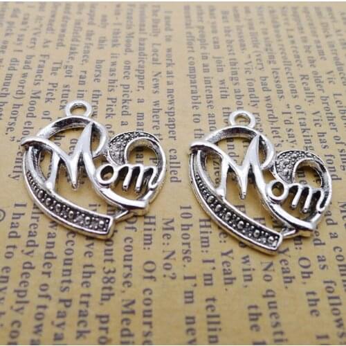 RAINXTAR Fashion Vintage Alloy Heart Mom charms For Mothers Day Gifts Making 25*28mm 10pcs AAC126
