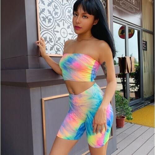 Fashion Women Tie-Dye Tracksuit Summer Strapless Tube Top+Cut Out High Waist Shorts 2Pcs Sets Casula Sports Suit Streetwear