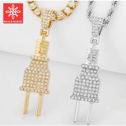 Iced Out Mens Plug Pendant Necklace Hip Hop Bling Gold Silver Color Charm Micro Pave Full Rhinestone 2021 Fashion Jewelry