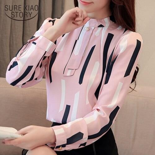 New 2019 Fashion Women Blouse Long Sleeved Printed Women Top Stand Collar Blouses Slim Fit Office Lady Clothing Blouse 6403 50