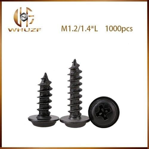 M1.2/1.4mm Black Nickel Plated Steel Cross Philips Pan Round Head Pointed Tail Self Tapping Screw With Washer