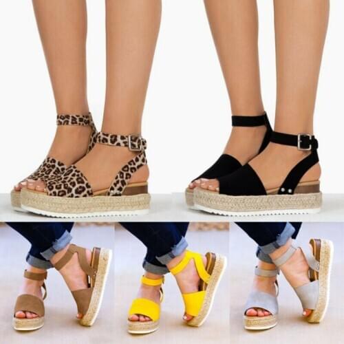 Women Summer Peep Toe Ankle Strap Flat Sandals Espadrilles Platform Pumps Shoes Large Size Leopard Sandals