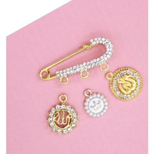 Custom islam allah pearl crown bow pumpkin flower love letter enamel charms 4cm 3 loops crystal rhinestone kids baby brooch pin