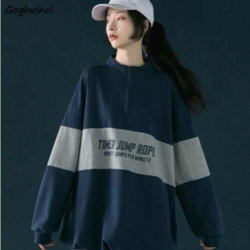 No Hat Hoodies Women Turtleneck Female Japanese Style Patchwork Letter Chic Loose Trendy Autumn Popular All-match Sweatshirts