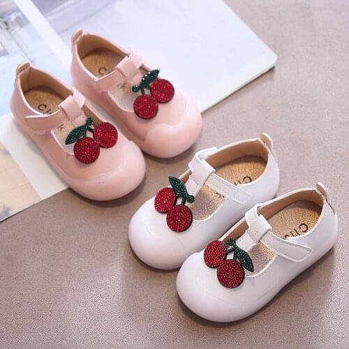 Sweet Girls Shoes Kids Leather Shoes for Toddlers Infants Children Dress Flats Cherry Rhinestone Bling T-strap First Walkers New