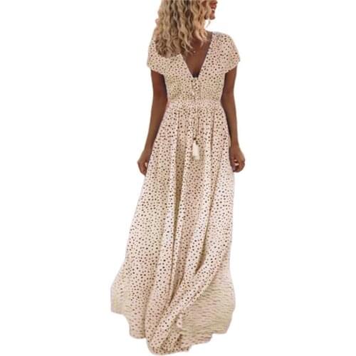 80%HOTLong Dress Polka Dot Printing All-matched Summer Short Sleeve V-neck Maxi Dress for Party