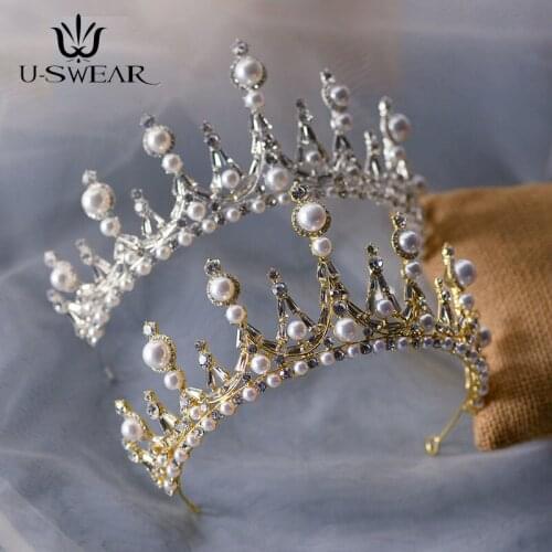 High Quality Fashion Pearl Round Crown Headdress Accessories Bride Hair Jewelry Prom Party Headdress Gold Queen Crown