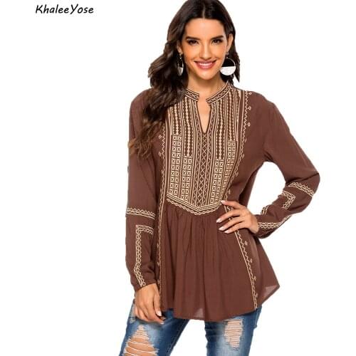 KHALEE YOSE 100% cotton Floral Embroidery Blouses Shirt boho Spring Mexican Shirt Long Sleeve Plus Size Front 3xl Ethnic Shirt
