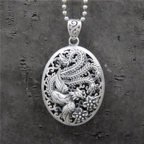 Sterling S999 Silver Pendant Women Luck Bless Oval Phoenix Peacock Pendant 32x46mm 16g