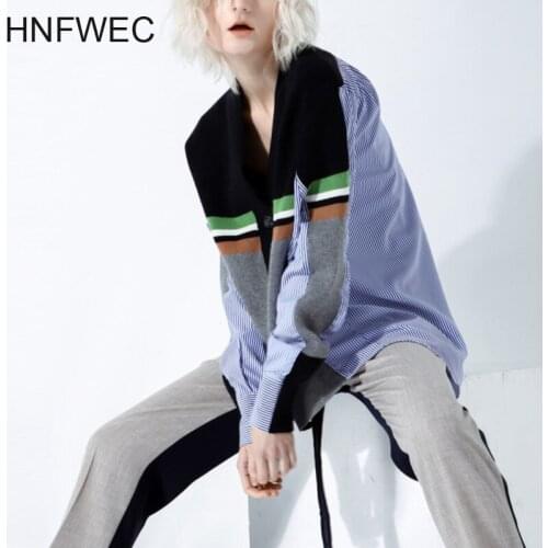 2020 New Spring Fashion Women Clothing Round Collar Batwing Sleeves Striped Patchwork Knits Single Breasted Sweatshirt P162
