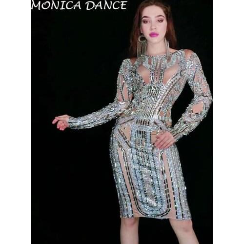 Women Sexy Stage Sparkly Glass Crystals Dress Birthday Prom Celebrate Dresses Bar Evening Women Dancer Rhinestones Dress