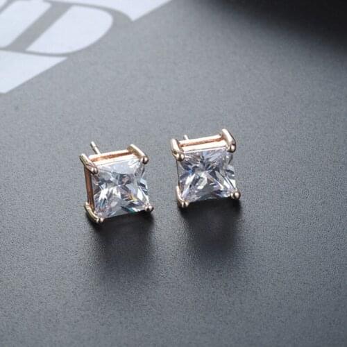 Tassina Rose Gold Color 3mm 4mm 5mm 6mm 7mm 8mm 4 Claw Cubic Zircon Square Stud Earring For Woman Girl Fashion Jewelry