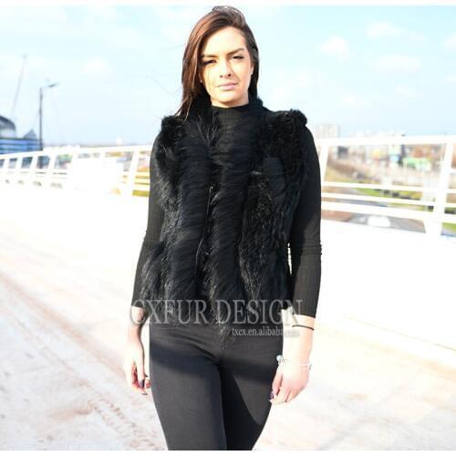 CX-G-B-198A Genunie Rabbit Knitted Fur Vest With Raccoon Fur Trim ~ DROP SHIPPING
