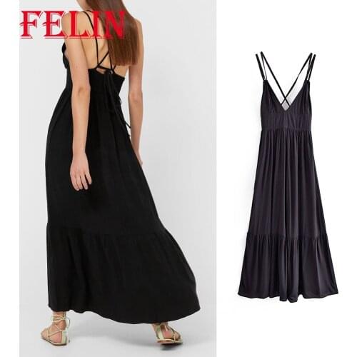 Za 2021 Women Sexy Solid Black Backless Long Party Dress Backless Ruffles V Neck Cami Dress Elegant Stylish Mujer Vestidos