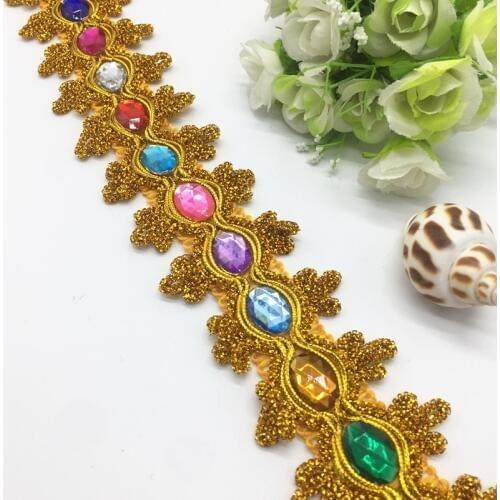 1 Yards Gemstone Sewing Edge Trim Lace Golden/Silver Ribbon Dress Skirt Wedding Decoration