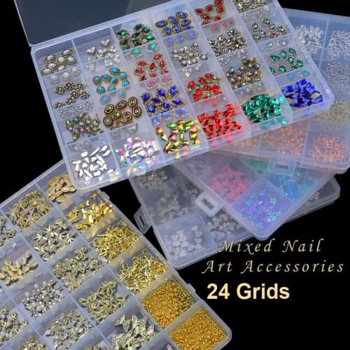 24Grids Mix Glitter Skirt Bowknot Pearl Jewel Beaded Bow Butterfly Retro Metal Nail Art Rhinestones Decorations Manicure DIY