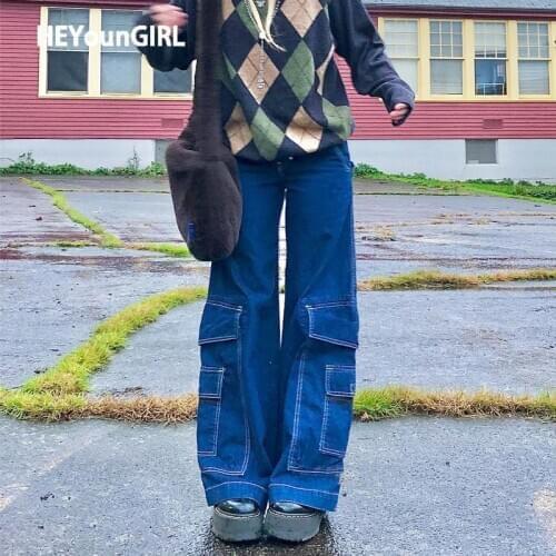 HEYounGIRL Casual Loose Straight Jeans for Women Vintage High Waisted Denim Pants Ladies Pocket Fashion Long Trousers Streetwear