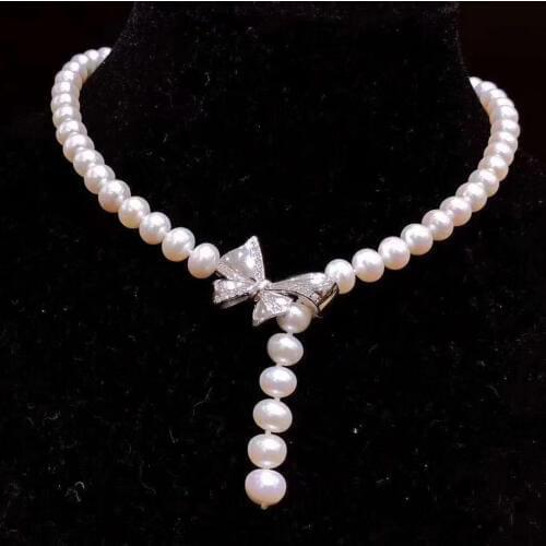 MADALENA SARARA AAA Freshwater Pearl Single Strand Necklace Cute Lovely Style Bow-Knot Clasp Natural White 18"