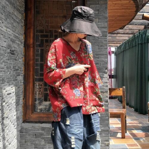 Johnature New Vintage Print V-Neck Three Quarter Sleeve Tops 2021 Summer Pullover Irregular Loose Cotton Linen Women Shirts