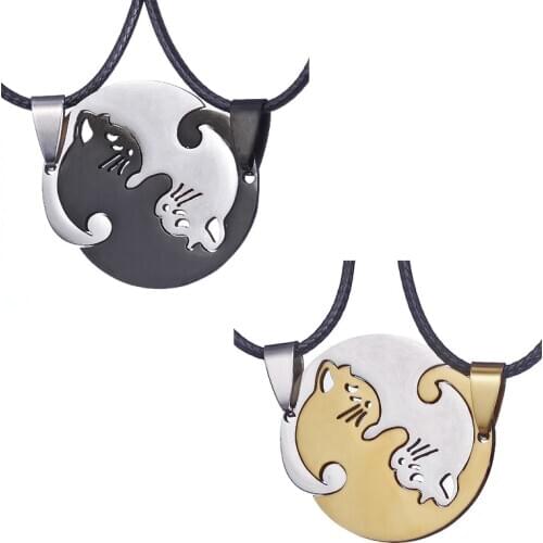 Hot Stainless Steel White Black Pet Cat Kitty Pendant Puzzle Matching Necklace Chain For Couple Lover Valentine