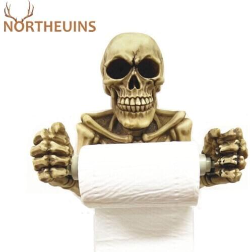 NORTHEUINS Resin Skull Head Statues Toilet Paper Towel Holder Wall Hanging Home Bathroom Decoration Tissue Rack Creative Storage
