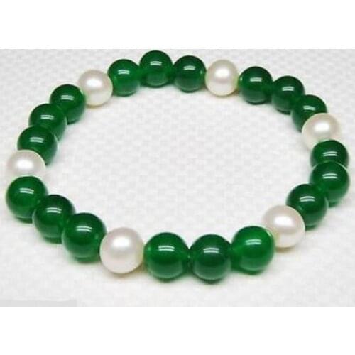 New hot Noble white 8-9MM pearl with green Jade 8MM bracelet 7.5"