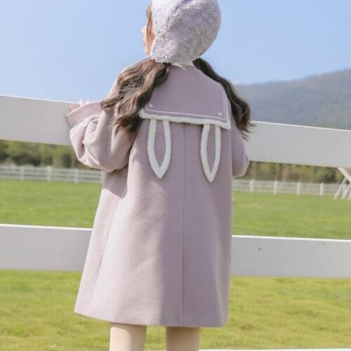 Autumn Winter Women Sweet Cute Rabbit Ears Wool Coat Japanese Soft Girl Turn-Down Collar Lantern Sleeve Outwear Warm Jackets